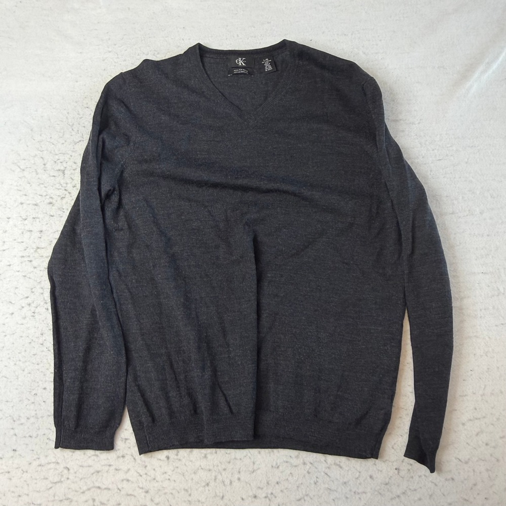 Calvin Klein V-Neck Sweater L Charcoal Gray Extra Fine Merino Wool Long Sleeve
